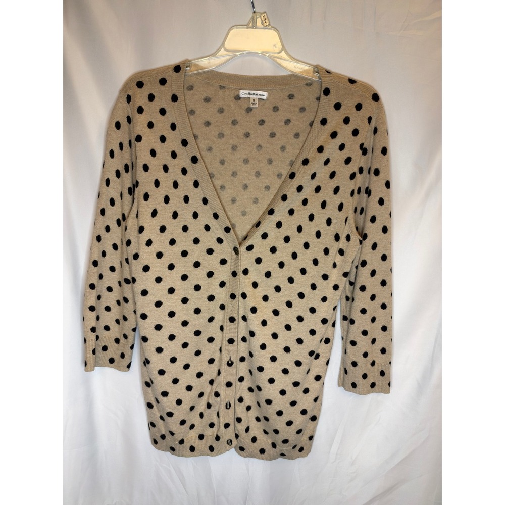 Croft & Barrow Tan Black Polka Dot Cardigan Sweater Women Medium 3/4 Sleeve